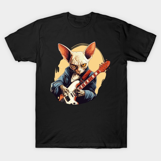 Sphynx Cat Playing Guitar T-Shirt by Graceful Designs